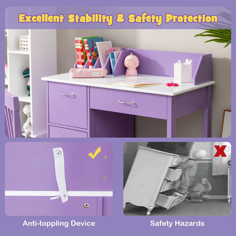 *Kids Wooden Writing Furniture Set with Drawer and Storage Cabinet - Purple