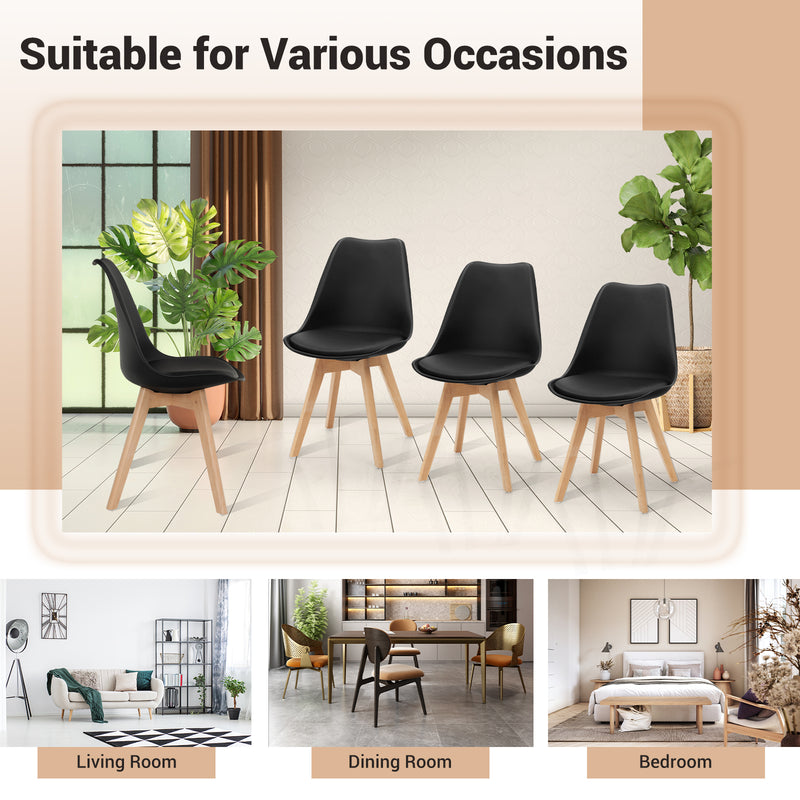 *Set of 4 Modern High Backrest Dining Chairs with Wooden Legs - Black
