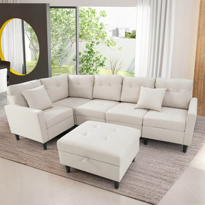 L-shaped Sectional Corner Sofa Set with Storage Ottoman-Beige