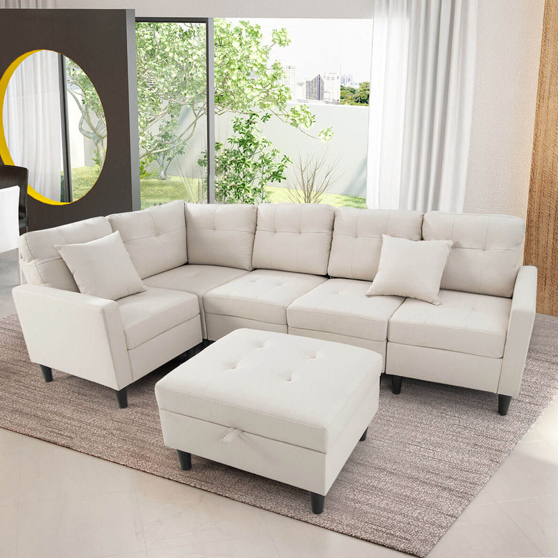 L-shaped Sectional Corner Sofa Set with Storage Ottoman-Beige