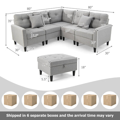 L-shaped Sectional Corner Sofa Set with Storage Ottoman-Gray