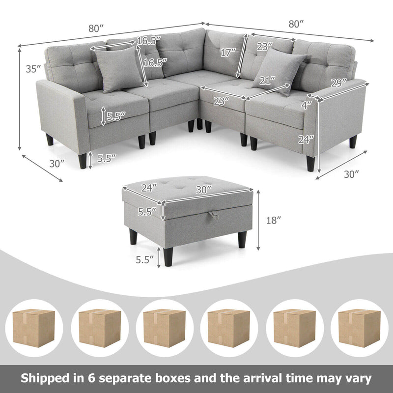 L-shaped Sectional Corner Sofa Set with Storage Ottoman-Gray