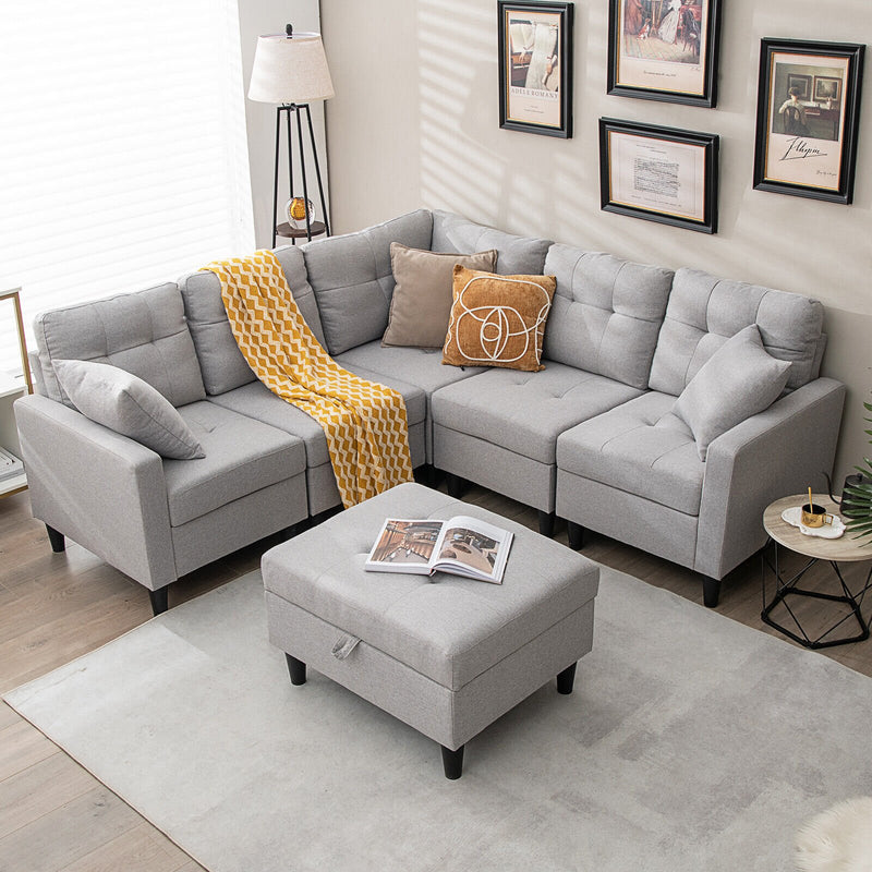 L-shaped Sectional Corner Sofa Set with Storage Ottoman-Gray