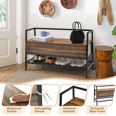 Industrial Shoe Bench with Storage Space and Metal Handrail-Rustic Brown
