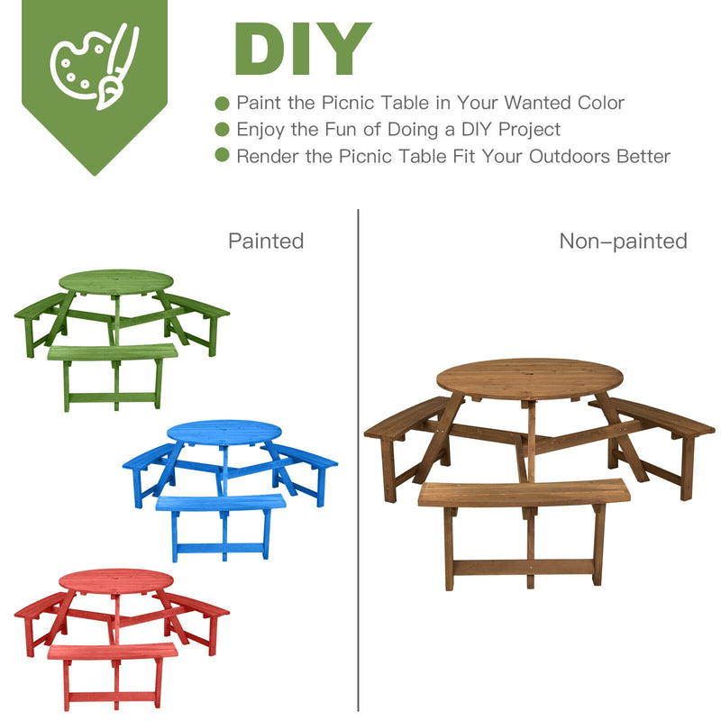 6-person Round Wooden Picnic Table with Umbrella Hole and 3 Built-in Benches-Dark Brown