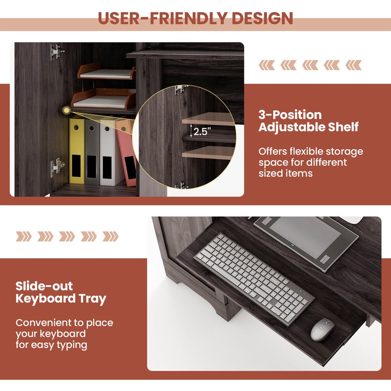 L-Shaped Office Desk with Storage Drawers and Keyboard Tray-Dark Brown