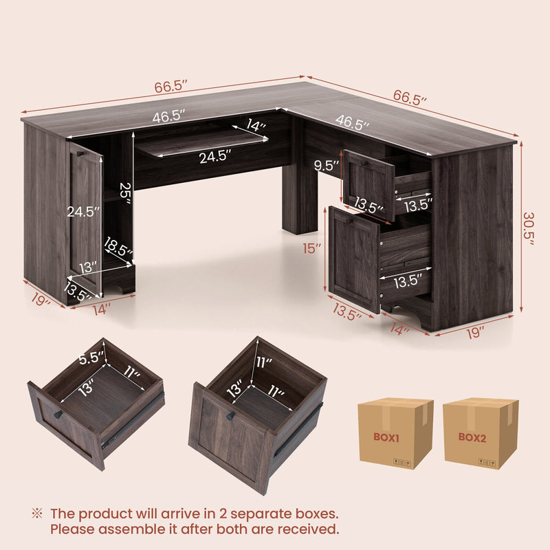 L-Shaped Office Desk with Storage Drawers and Keyboard Tray-Dark Brown