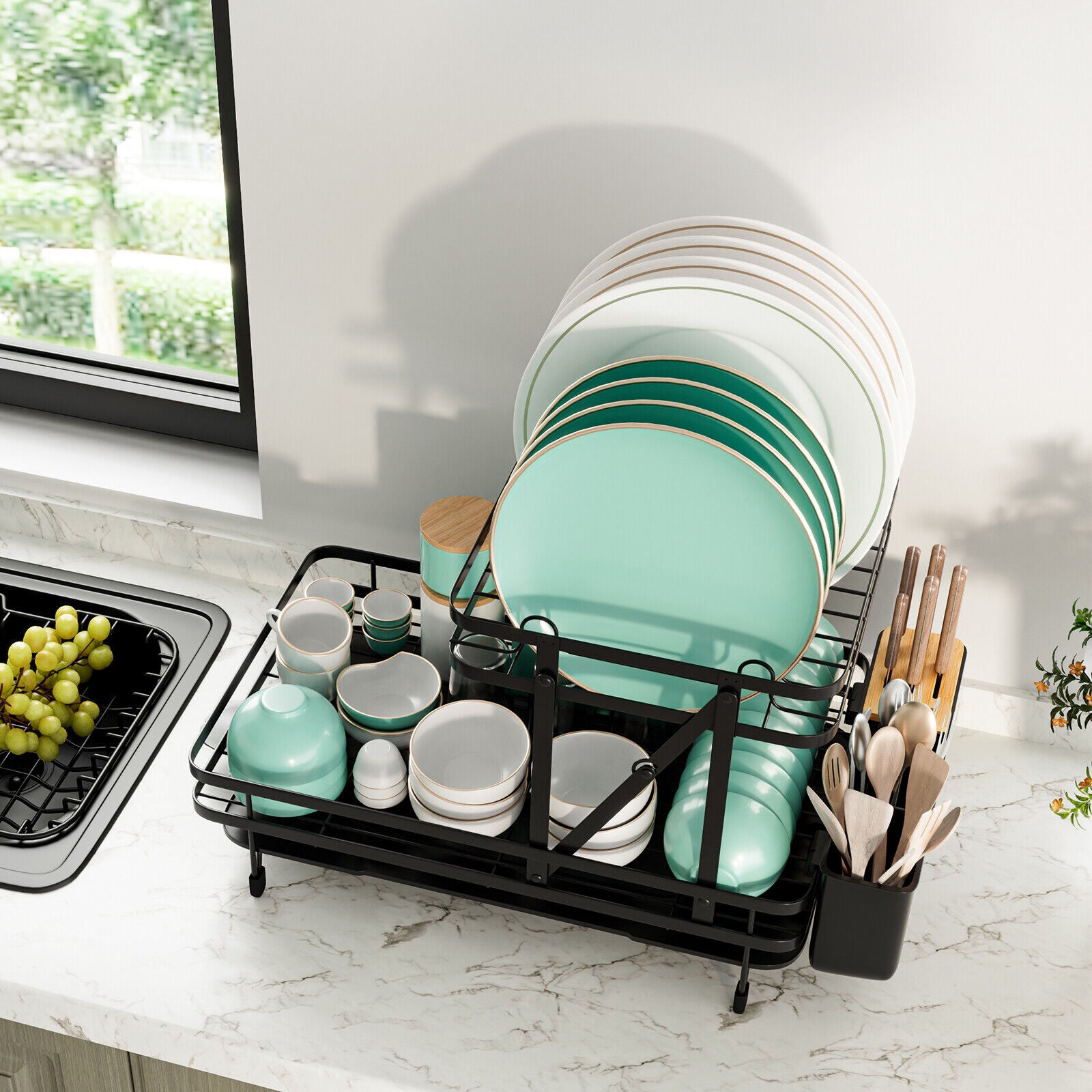 Collapsibe Plate Rack 2-Tier Collapsible Dish Rack with Removable Drip Tray-Black