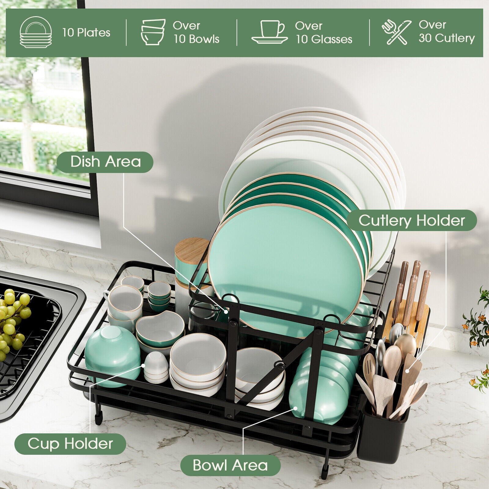Removable Dish Rack 2-Tier Collapsible Dish Rack with Removable Drip Tray-Black