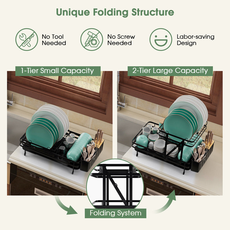 Collapsibe Plate Rack 2-Tier Collapsible Dish Rack with Removable Drip Tray-Black