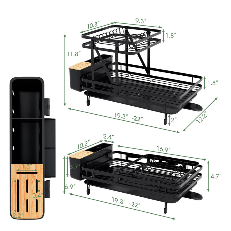 Collapsibe Plate Rack 2-Tier Collapsible Dish Rack with Removable Drip Tray-Black