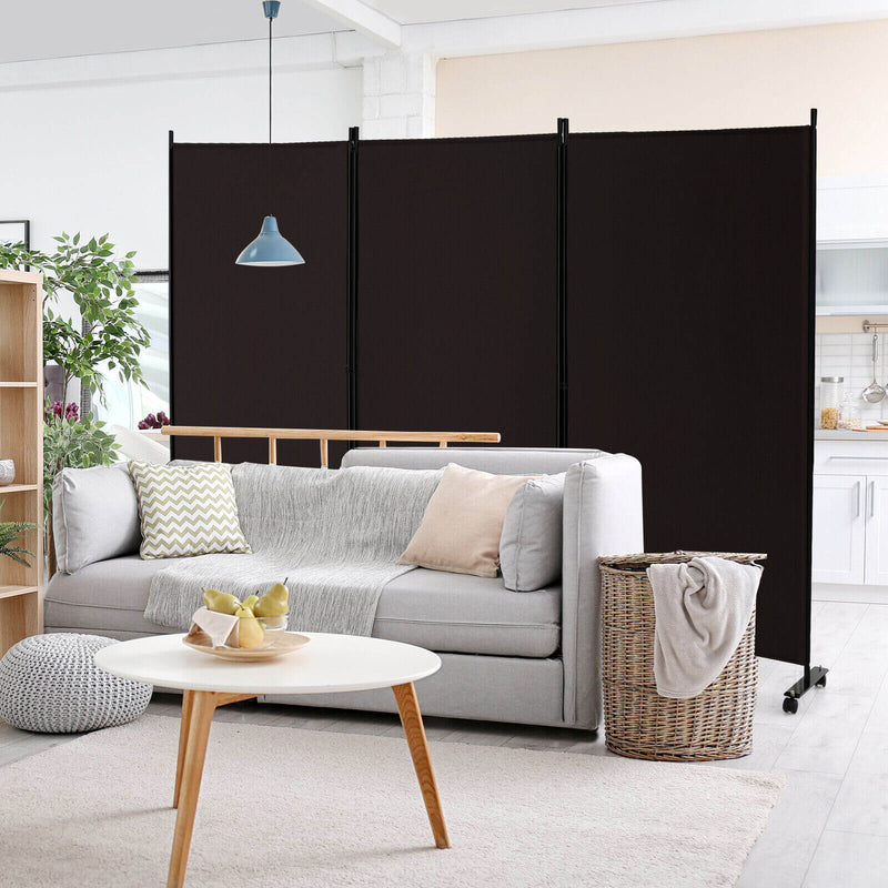 3 Panel Folding Room Divider with Lockable Wheels - Brown