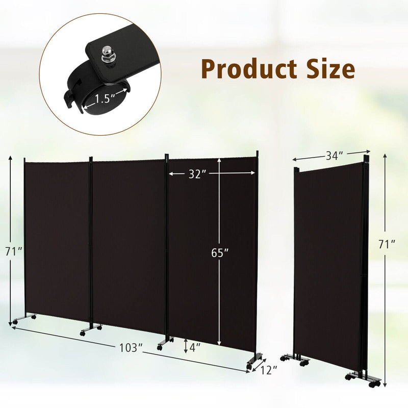 3 Panel Folding Room Divider with Lockable Wheels - Brown