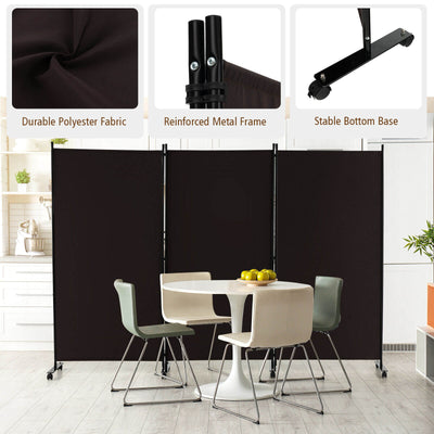 3 Panel Folding Room Divider with Lockable Wheels - Brown