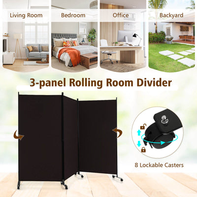 3 Panel Folding Room Divider with Lockable Wheels - Brown