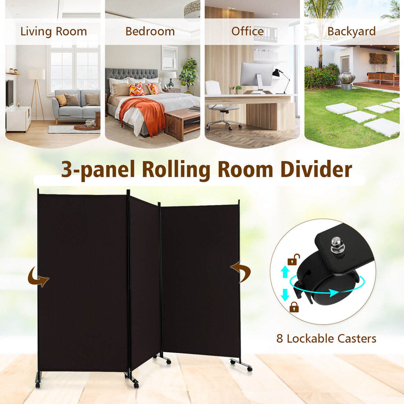 3 Panel Folding Room Divider with Lockable Wheels - Brown