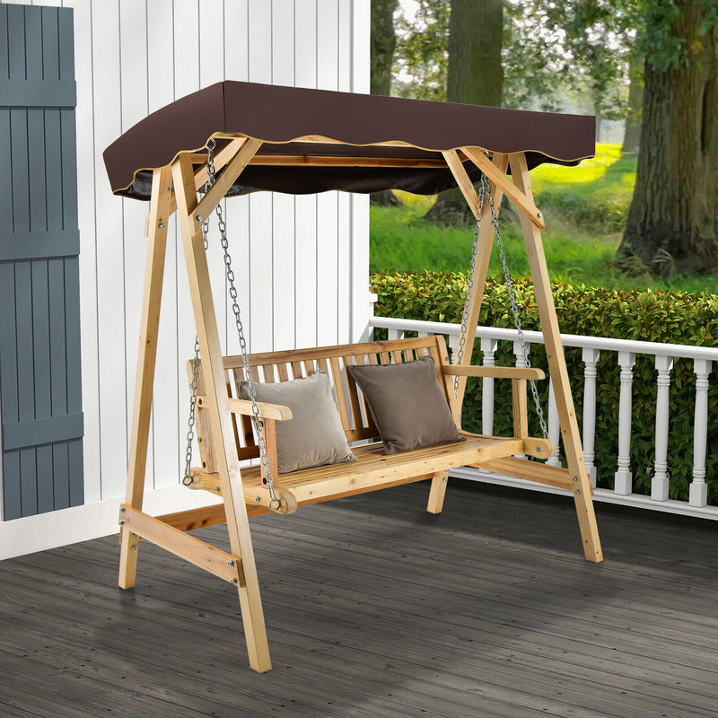 Patio Wooden Swing Bench Chair with Adjustable Canopy for 2 Persons