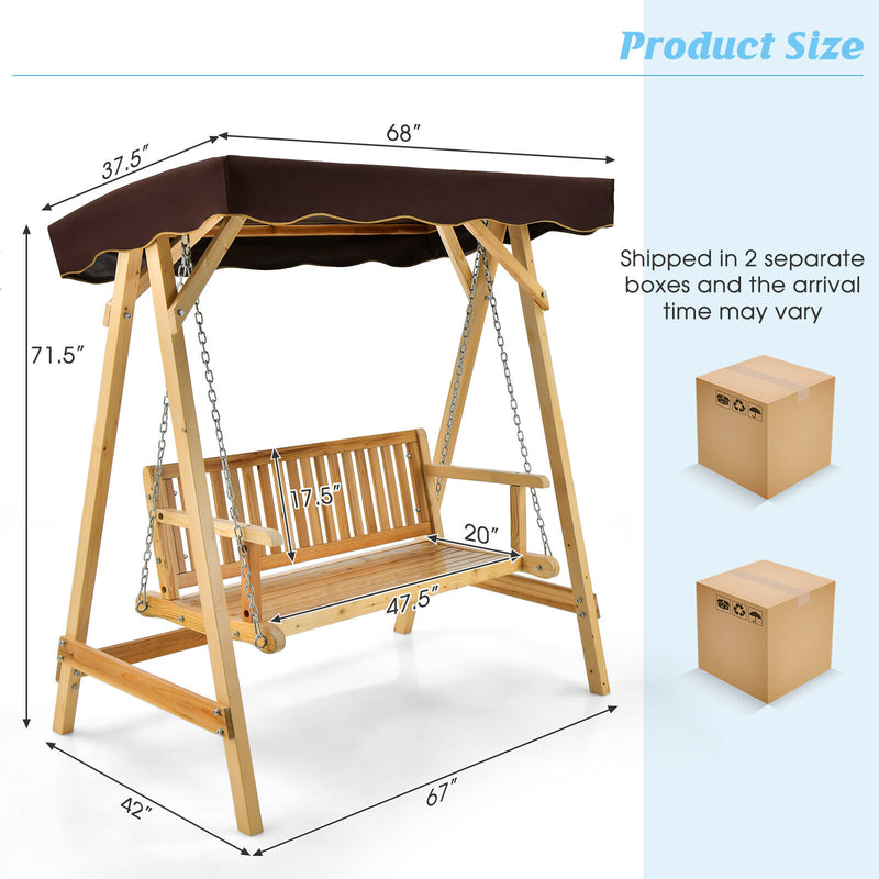 Patio Wooden Swing Bench Chair with Adjustable Canopy for 2 Persons
