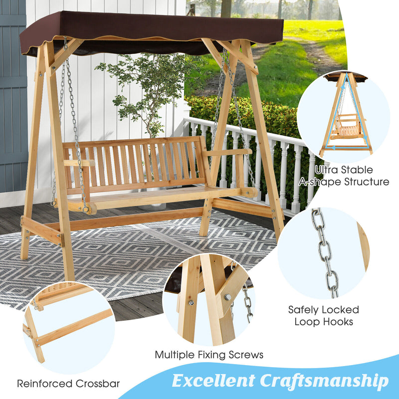 Patio Wooden Swing Bench Chair with Adjustable Canopy for 2 Persons