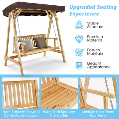 Patio Wooden Swing Bench Chair with Adjustable Canopy for 2 Persons