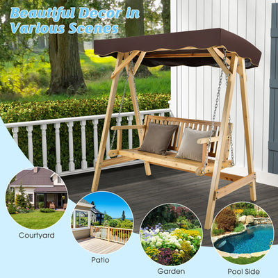 Patio Wooden Swing Bench Chair with Adjustable Canopy for 2 Persons