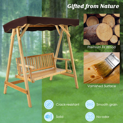 Patio Wooden Swing Bench Chair with Adjustable Canopy for 2 Persons