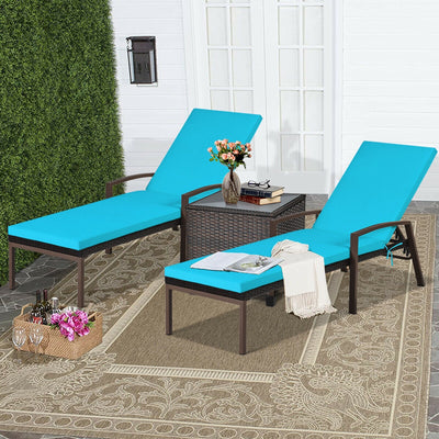 2 Pieces Patio Rattan Adjustable Back Lounge Chair with Armrest and Removable Cushions-Turquoise