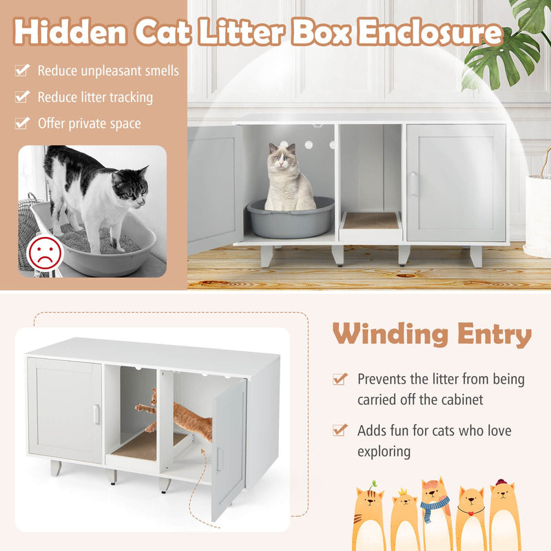 2-Door Cat Litter Box Enclosure with Winding Entry and Scratching Board-Gray