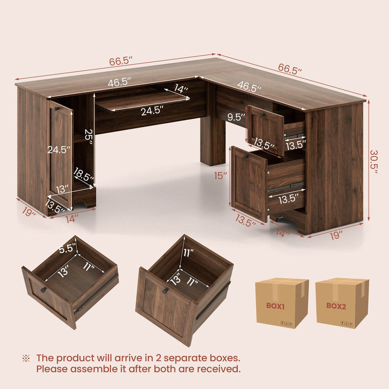 L-Shaped Office Desk with Storage Drawers and Keyboard Tray-Walnut