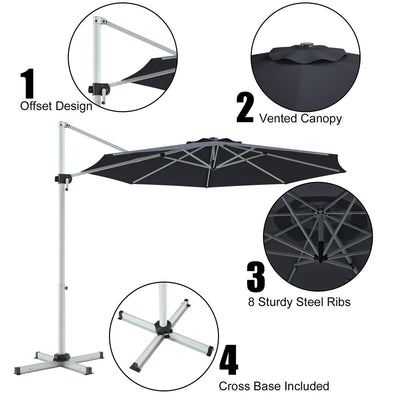 11 Feet Patio Offset Cantilever Umbrella 360° Rotation Aluminum Tilt-Gray