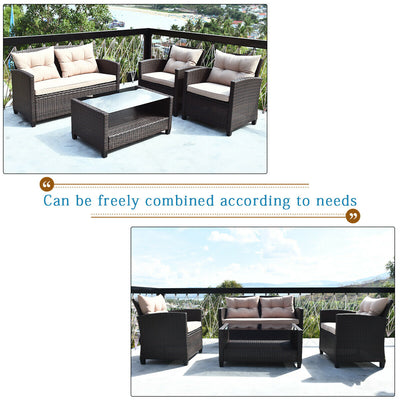 4 Pieces Patio Rattan Conversation Furniture Set with Glass Top Coffee Table-Beige