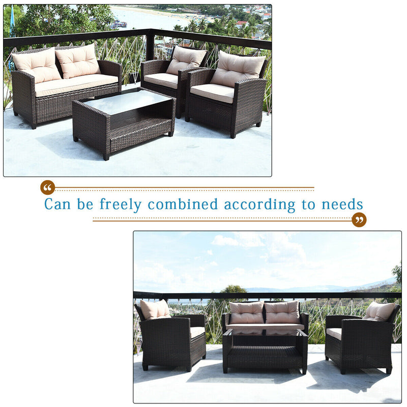 4 Pieces Patio Rattan Conversation Furniture Set with Glass Top Coffee Table-Beige