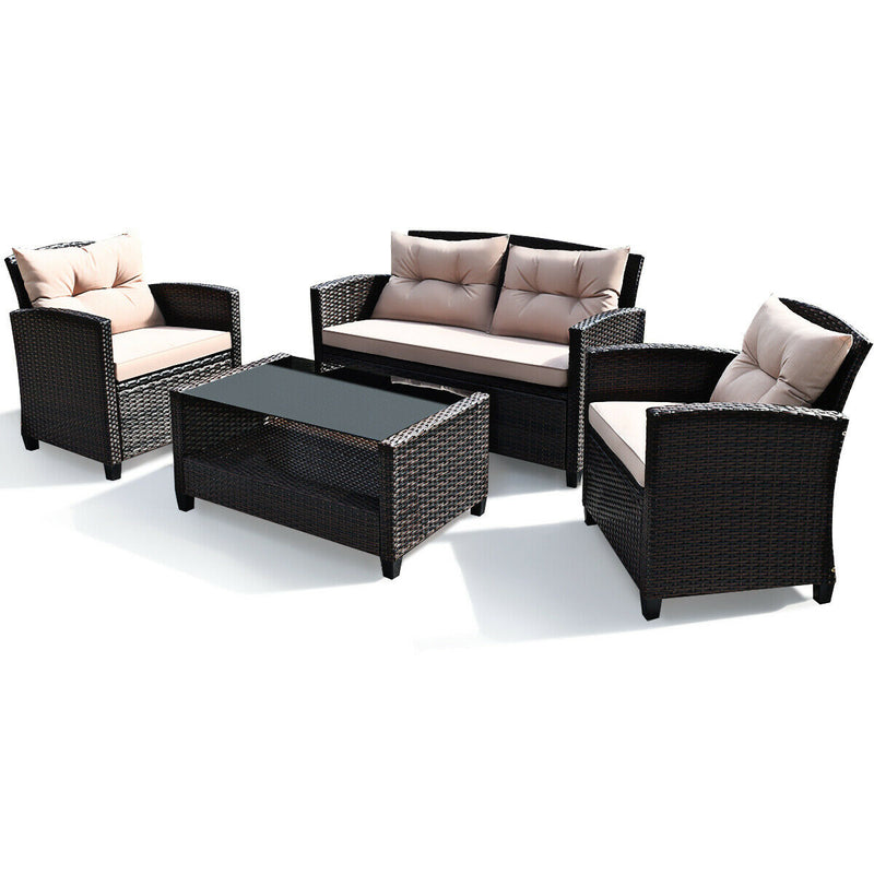4 Pieces Patio Rattan Conversation Furniture Set with Glass Top Coffee Table-Beige