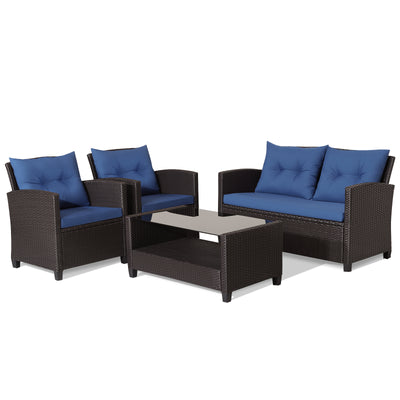 4 Pieces Patio Rattan Furniture Set with Tempered Glass Coffee Table-Navy