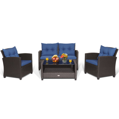 4 Pieces Patio Rattan Furniture Set with Tempered Glass Coffee Table-Navy
