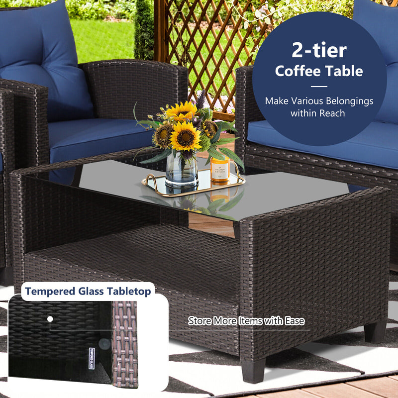4 Pieces Patio Rattan Furniture Set with Tempered Glass Coffee Table-Navy