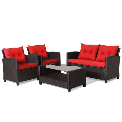 4 Pieces Patio Rattan Conversation Furniture Set with Glass Top Coffee Table-Red