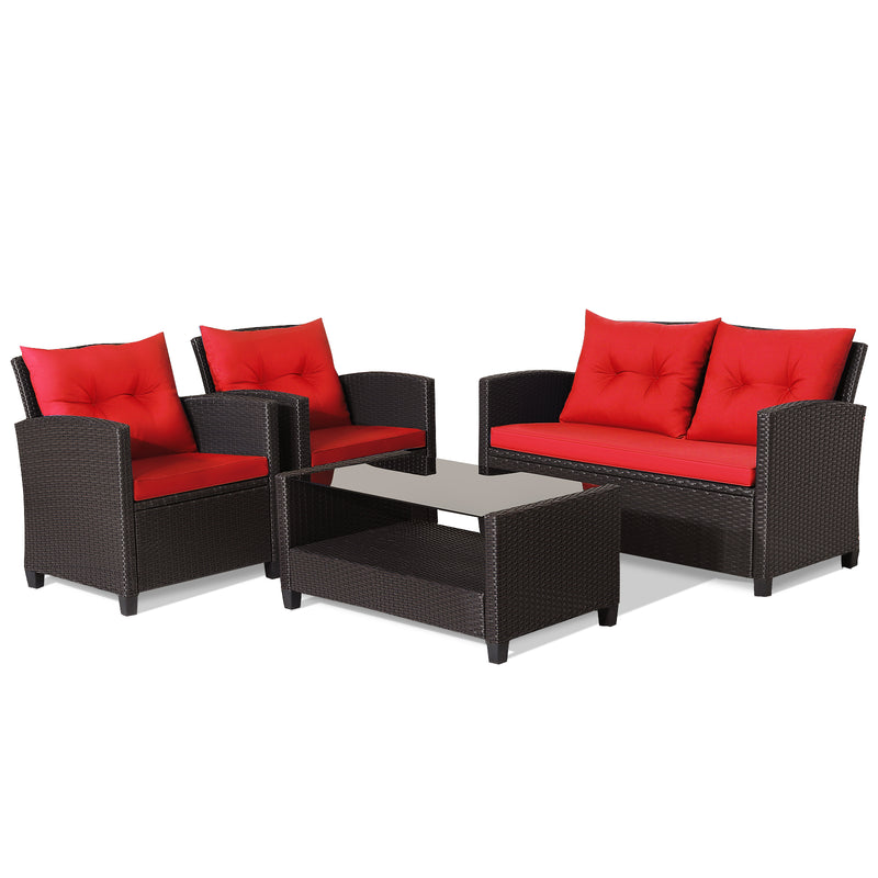 4 Pieces Patio Rattan Conversation Furniture Set with Glass Top Coffee Table-Red