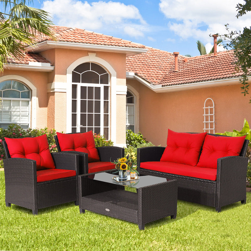 4 Pieces Patio Rattan Conversation Furniture Set with Glass Top Coffee Table-Red