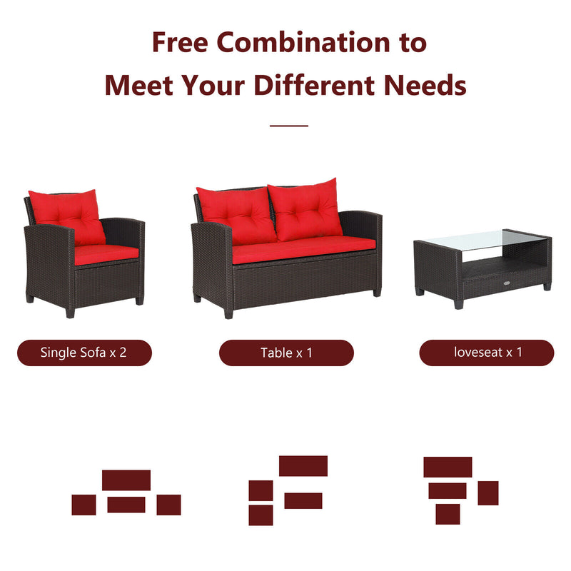 4 Pieces Patio Rattan Conversation Furniture Set with Glass Top Coffee Table-Red