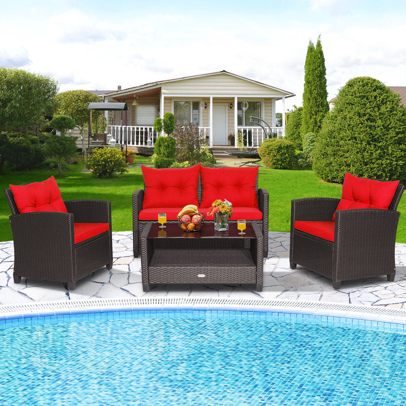 4 Pieces Patio Rattan Conversation Furniture Set with Glass Top Coffee Table-Red