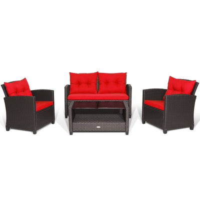 4 Pieces Patio Rattan Conversation Furniture Set with Glass Top Coffee Table-Red