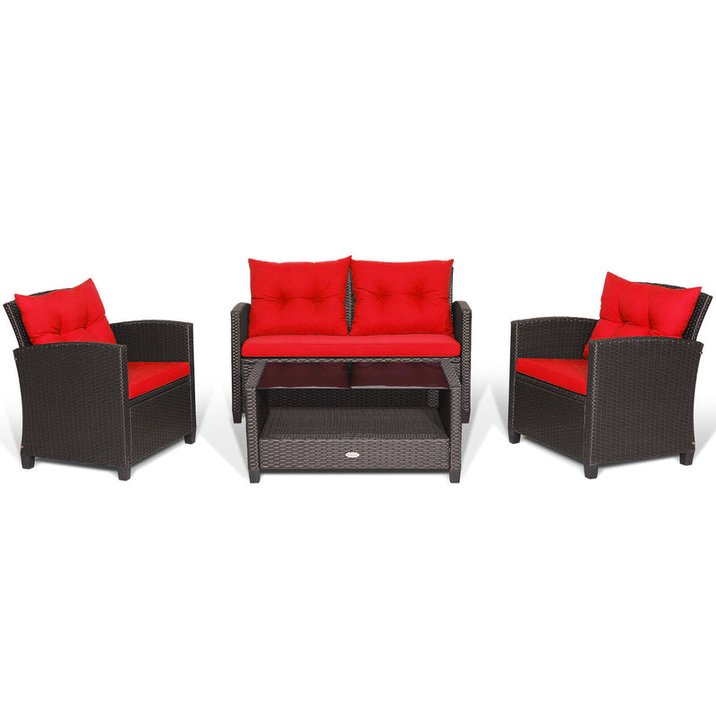 4 Pieces Patio Rattan Conversation Furniture Set with Glass Top Coffee Table-Red