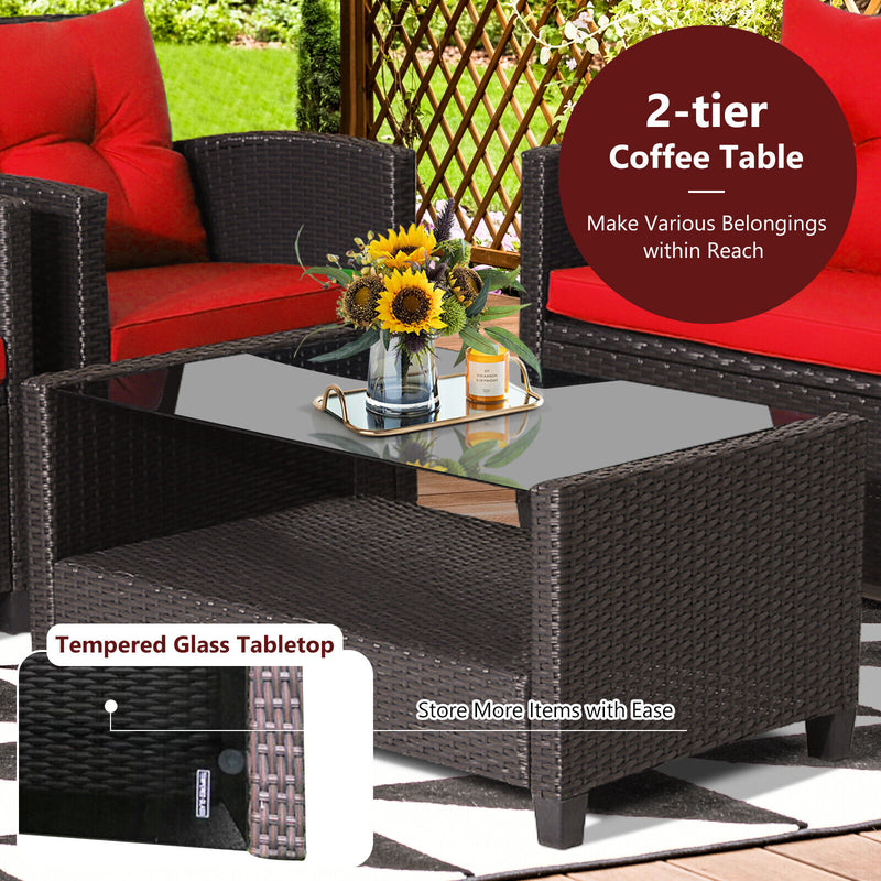 4 Pieces Patio Rattan Conversation Furniture Set with Glass Top Coffee Table-Red
