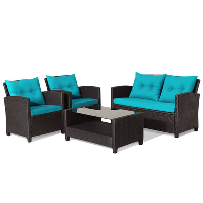4 Pieces Patio Rattan Conversation Furniture Set with Glass Top Coffee Table-Turquoise