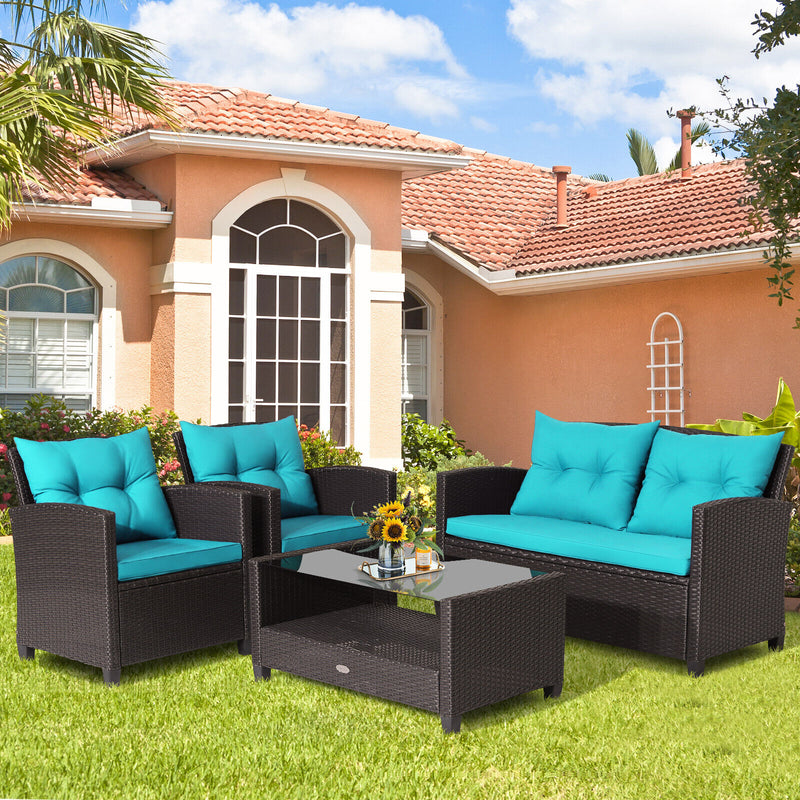 4 Pieces Patio Rattan Conversation Furniture Set with Glass Top Coffee Table-Turquoise