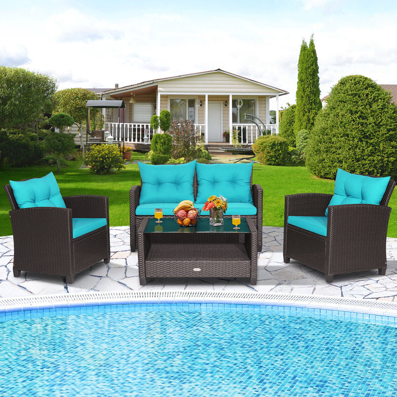 4 Pieces Patio Rattan Conversation Furniture Set with Glass Top Coffee Table-Turquoise