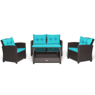 4 Pieces Patio Rattan Conversation Furniture Set with Glass Top Coffee Table-Turquoise