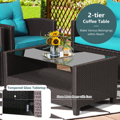 4 Pieces Patio Rattan Conversation Furniture Set with Glass Top Coffee Table-Turquoise