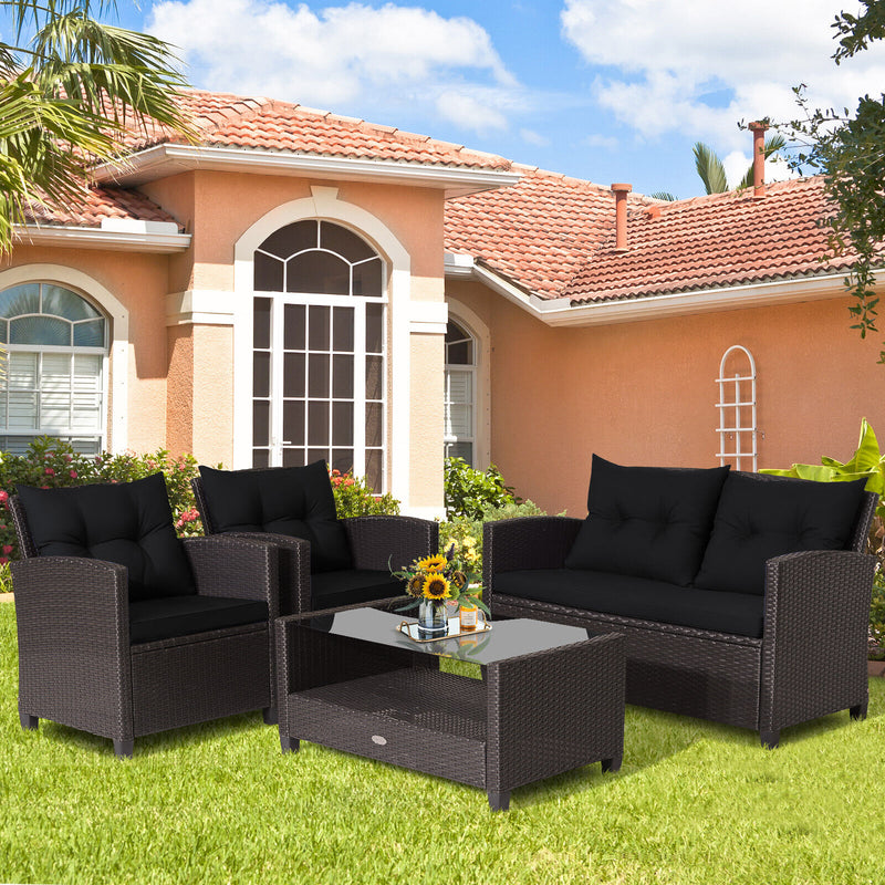 4 Pieces Patio Rattan Conversation Furniture Set with Glass Top Coffee Table-Black